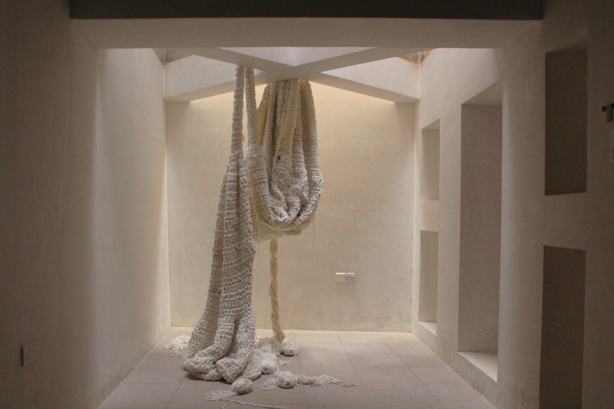Sara Al Haddad, without, 2013, crocheted yarn, wire and dust, SIKKA Art Fair 2013
