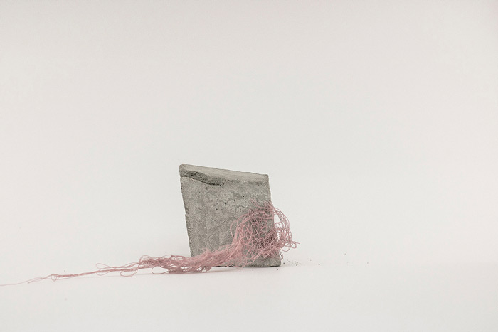 Sara Al Haddad, for self destruction #11, 2014, concrete_5.6x5.2x6.2cm, concrete and free form crocheted embroidery thread. Photo: Marwah Al Haddad