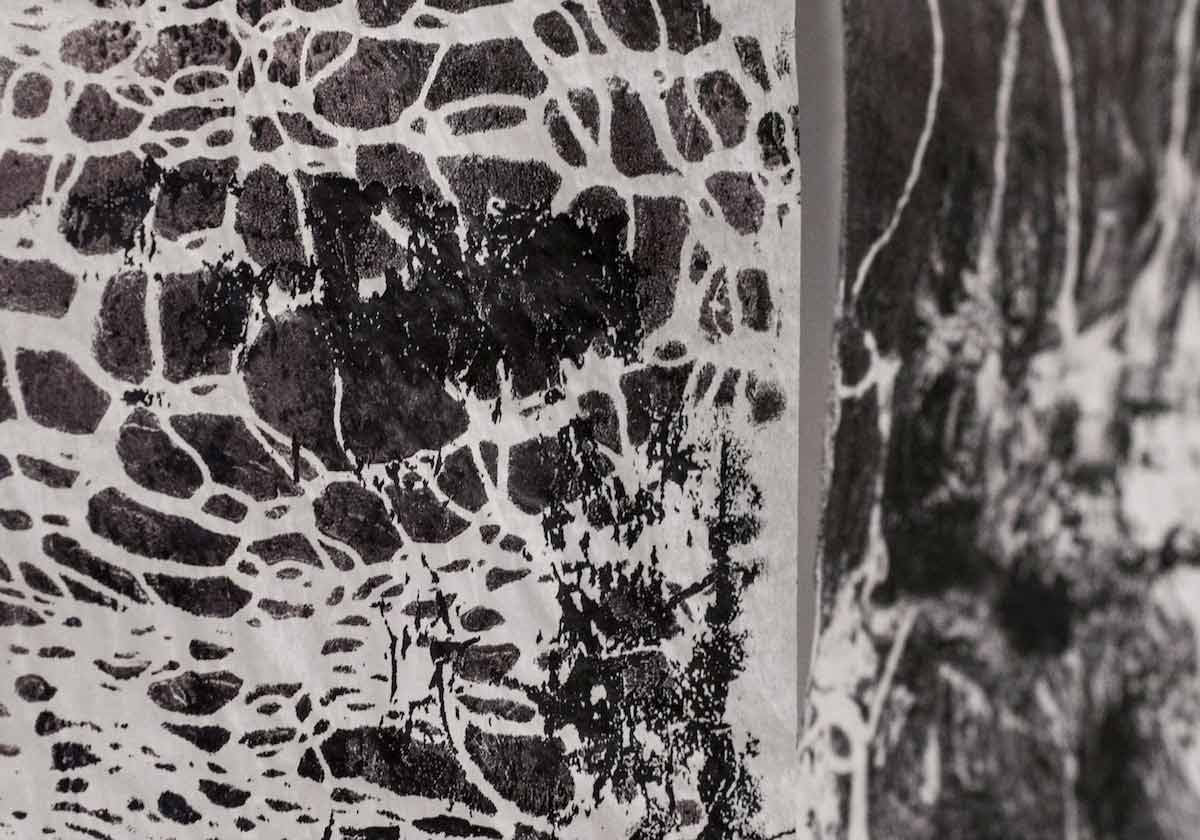 Sara Al Haddad, إلى متى (until when) (window 2,) (2016), Arabic incense, pins and black acrylic paint on tissue paper, 65x51cm (x)