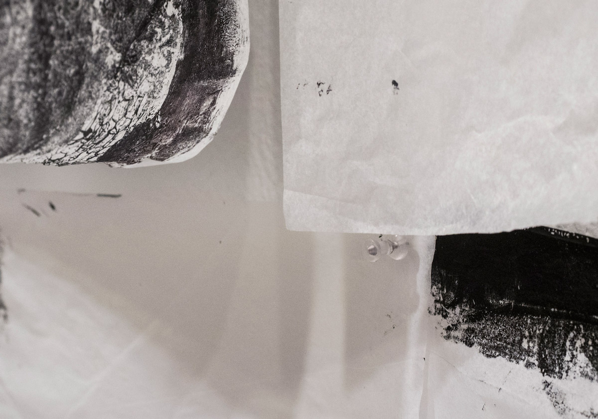 Sara Al Haddad, إلى متى (until when) (window 2,) (2016), Arabic incense, pins and black acrylic paint on tissue paper, 65x51cm (x)