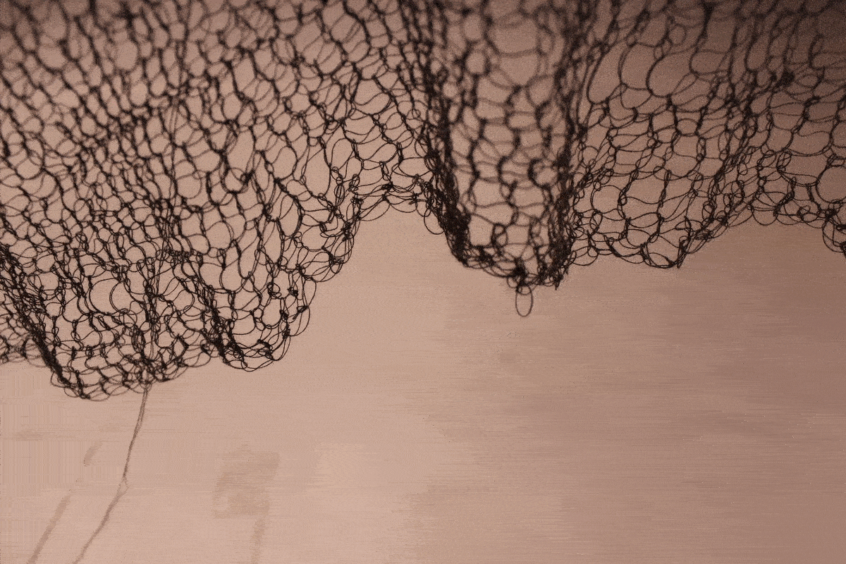 Sara Al Haddad, don't you ever leave me alone, 2017, crocheted embroidery, 400cm w. NPUAE, Venice Biennale.