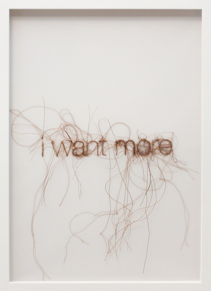 Sara Al Haddad, filling holes: i want more, 2012, hand stitched embroidery on polyester film paper, 44x32cm