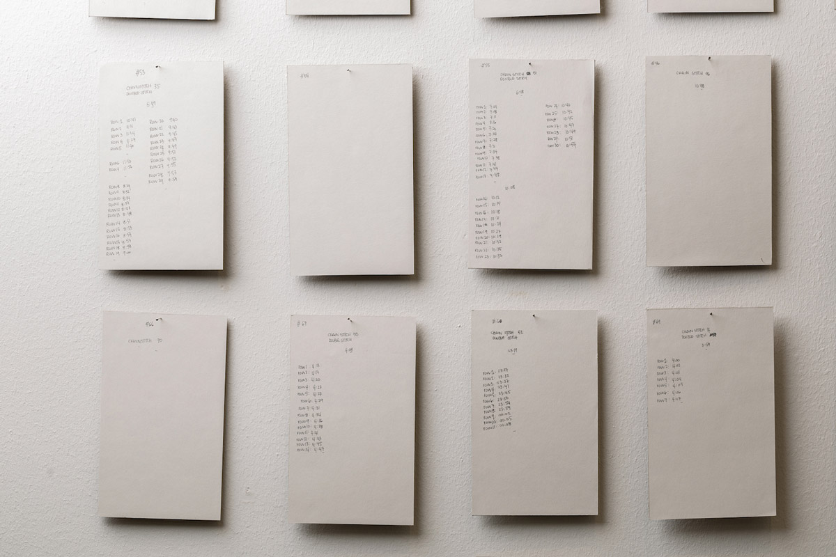 Sara Al Haddad, forget to remember, 2018, pink embroidery thread and pen on paper. Installation at Cuadro Fine Art Gallery