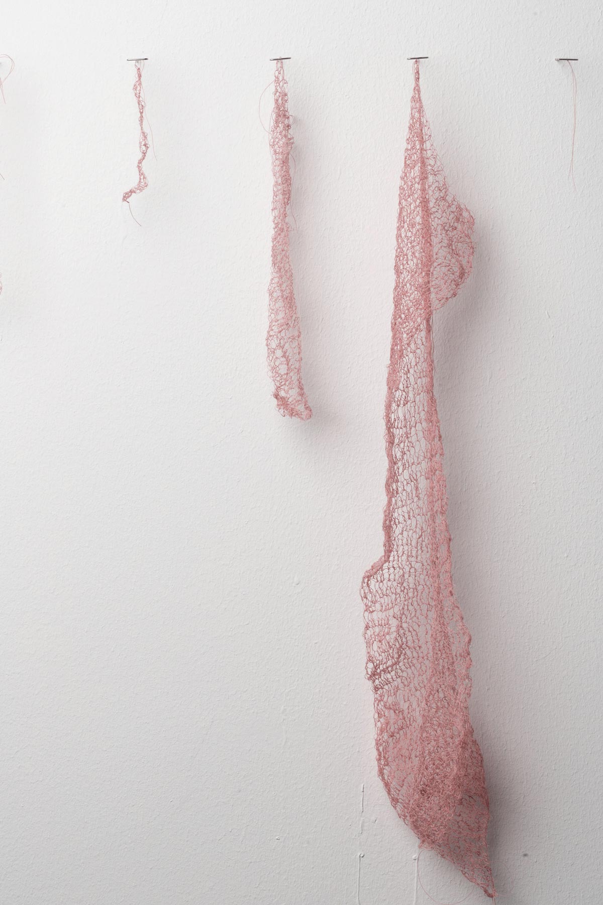 Sara Al Haddad, forget to remember, 2018, pink embroidery thread and pen on paper. Installation at Cuadro Fine Art Gallery